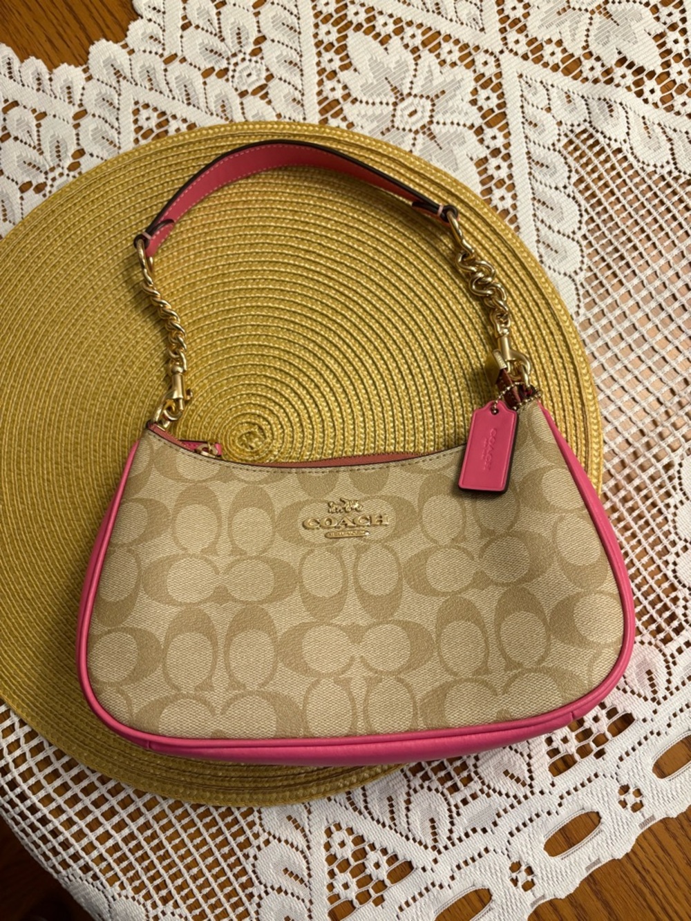 Coach Signature Canvas Shoulder Bag with Pink Trim